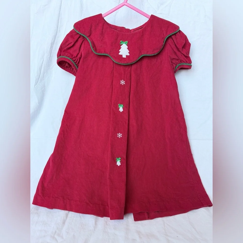 Girls' Red Holiday Corduroy Dress with Green Trim